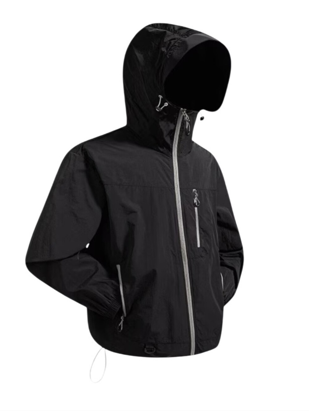 #K154 Men's Black Hooded Windbreaker Jacket - Lightweight Water-Resistant